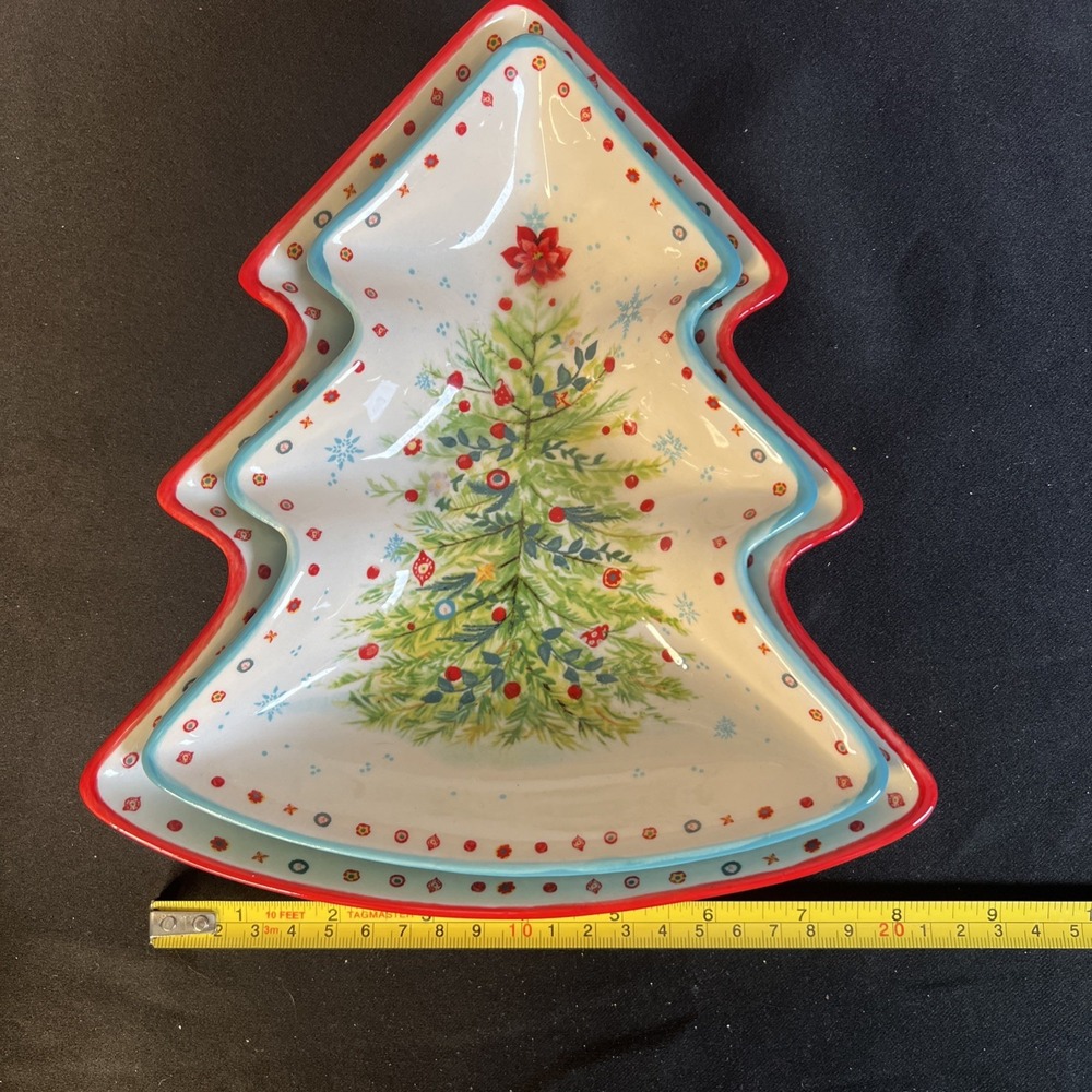 Pioneer Woman Candy Cookie Dish Nesting Set Christmas Tree Holiday Server 2"Deep - Picture 3 of 8